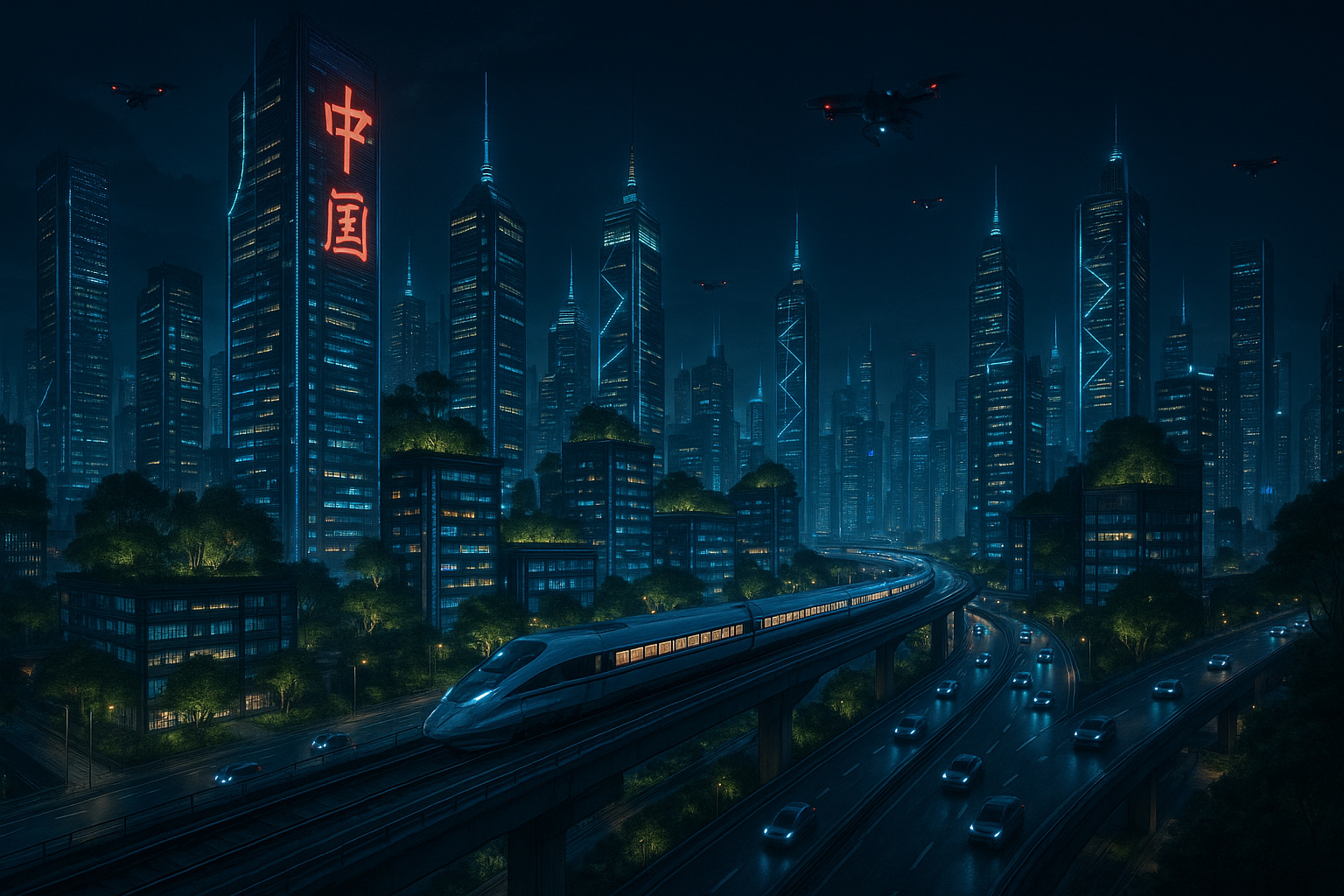 Cidade futurista chinesa com arranha-céus e transporte autônomos à noite.