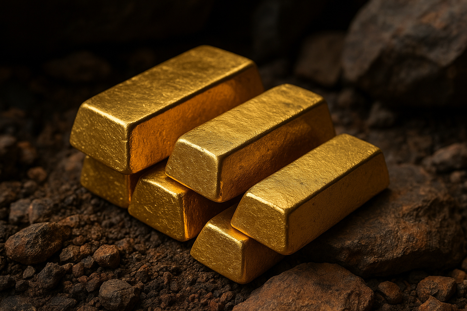 Barras de ouro sobre rochas em profundidade, representando o depósito de Wangu descoberto na China.
