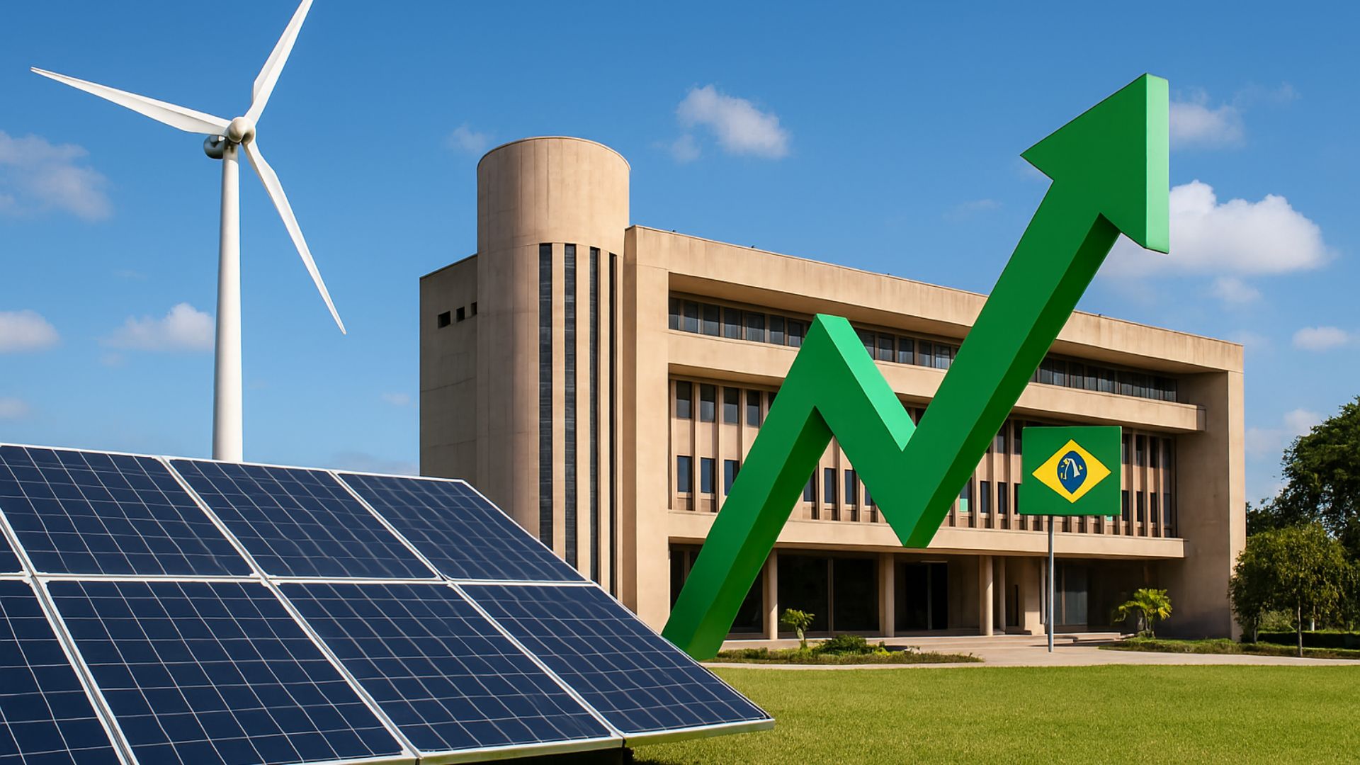Imagem realista de fontes renováveis — turbina eólica e painéis solares — abastecendo um prédio público brasileiro moderno, com uma seta verde 3D apontando para cima simbolizando crescimento sustentável.