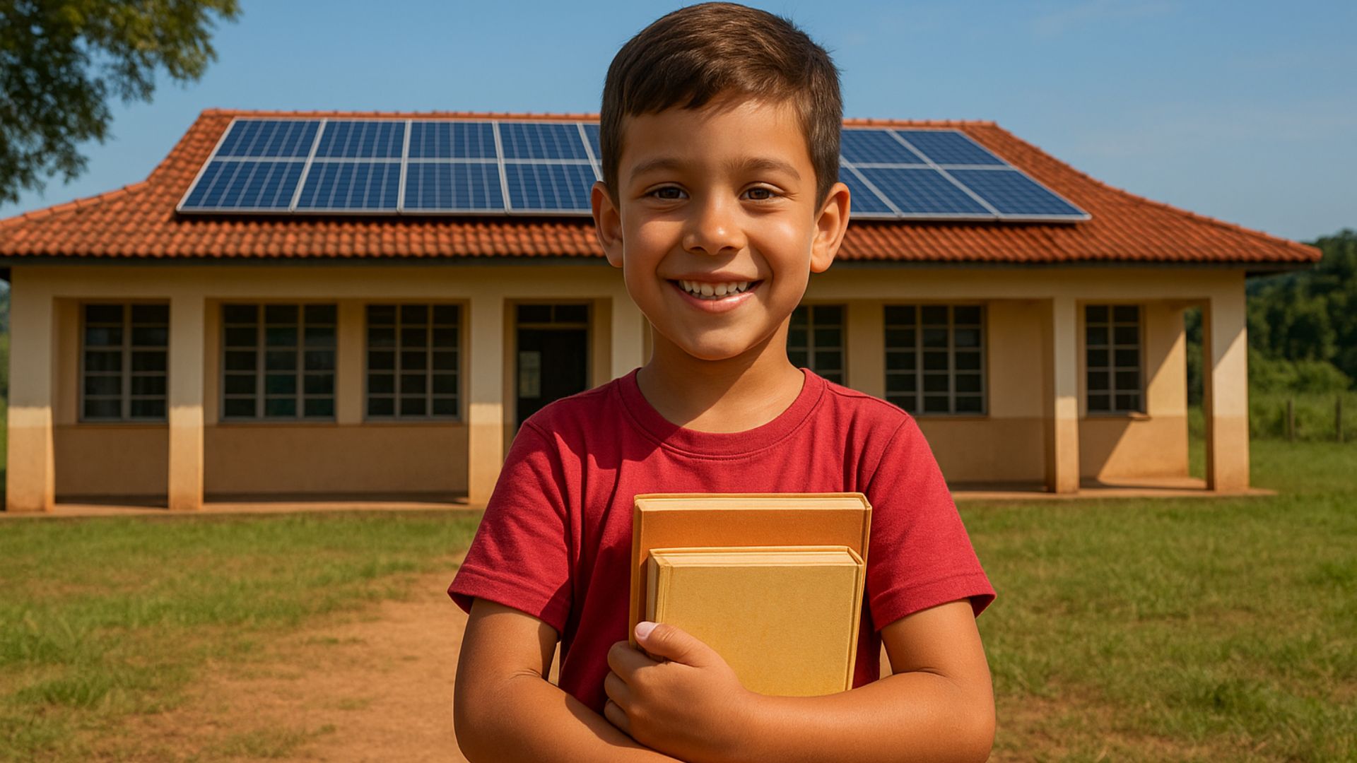 Criança sorridente segurando livros em frente a uma escola rural com painéis solares no telhado, em um dia ensolarado.