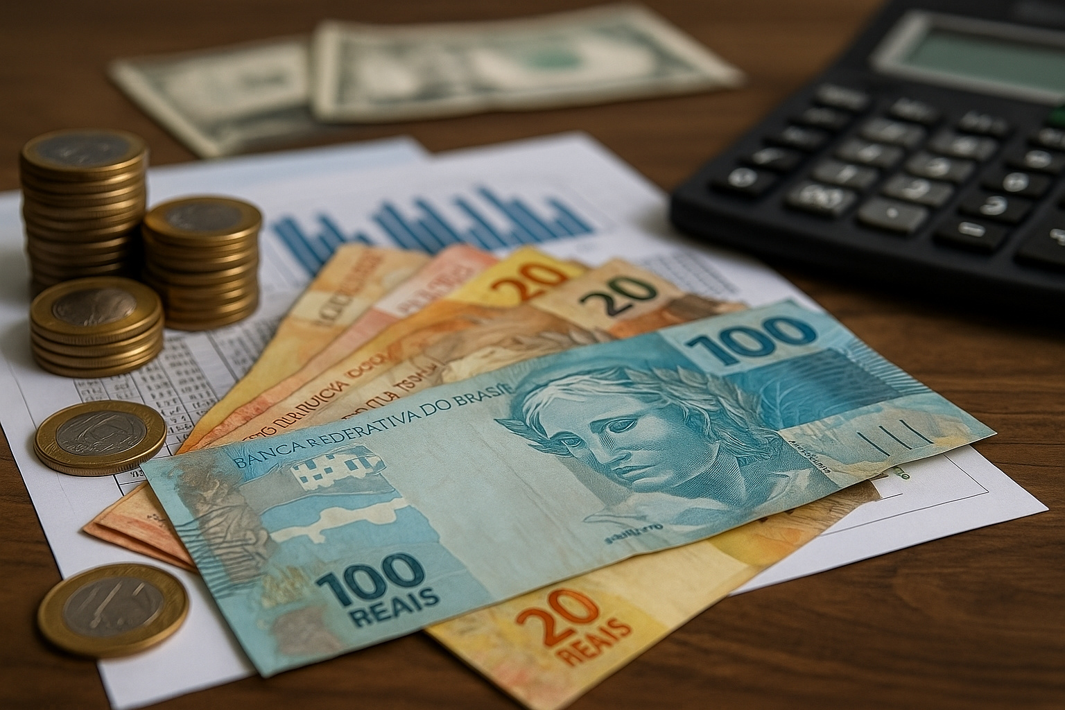 Notas de reais e moedas organizadas sobre documentos financeiros, representando planejamento do 13º salário e controle de gastos no fim de 2025.