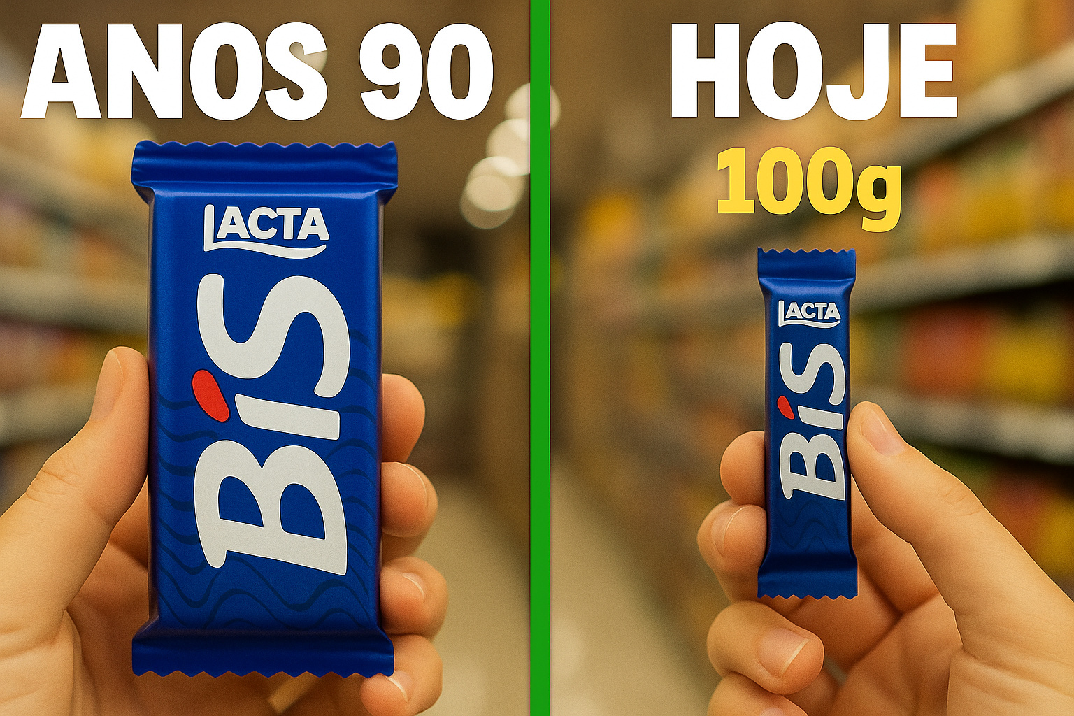 Produtos brasileiros antigos e atuais lado a lado, mostrando embalagens menores e redução de peso.