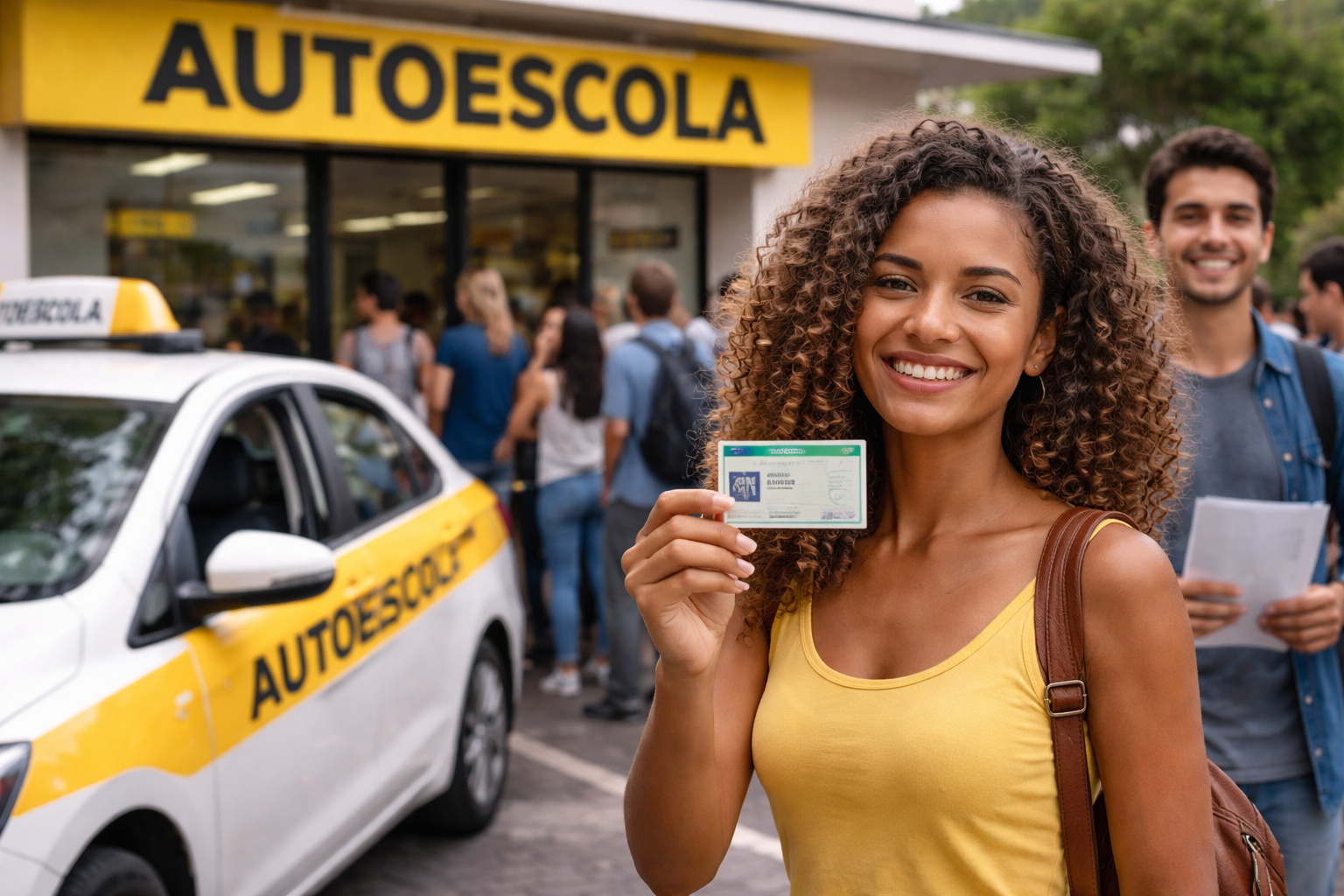 Jovem segurando a Carteira Nacional de Habilitação em frente a uma autoescola com fila de candidatos aguardando atendimento.