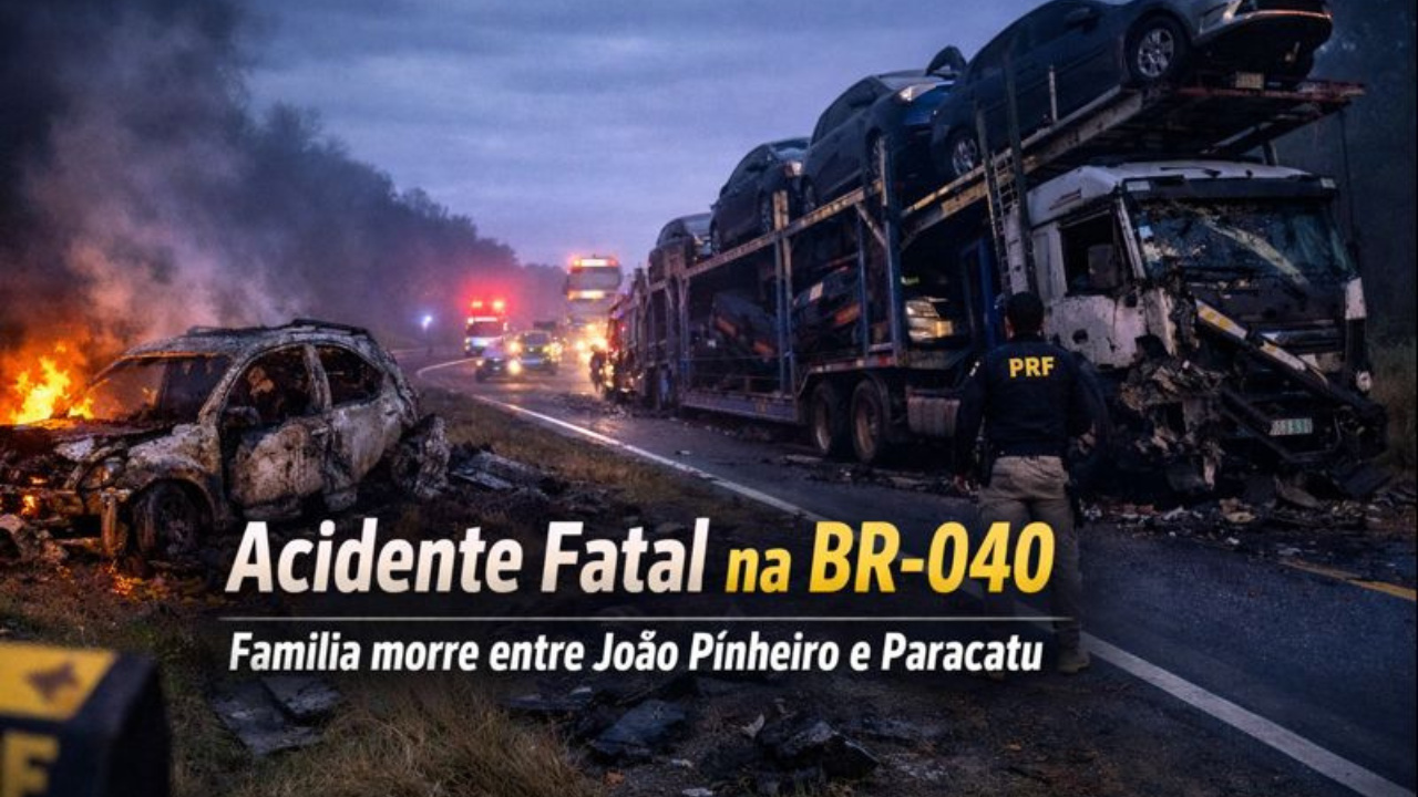 Acidente fatal na BR-040 entre João Pinheiro e Paracatu envolve carreta cegonha e mata quatro pessoas da mesma família.