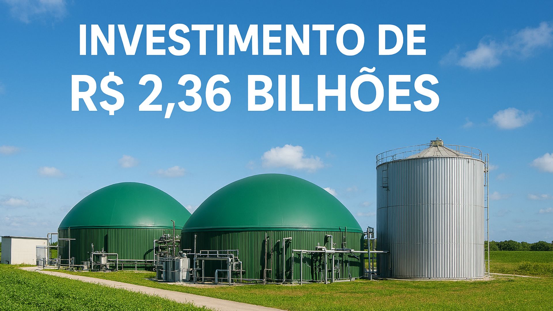 Imagem de uma moderna usina de biometano com biodigestores verdes e tanque metálico, situada em área rural com vegetação e céu azul. Texto sobreposto informa: “Investimento de R$ 2,36 bilhões”.