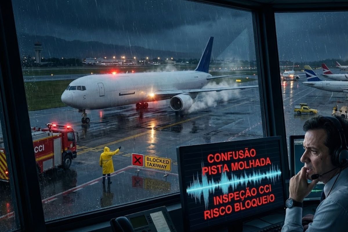Gravação de rádio mostra Boeing 767 cargueiro em pista molhada no aeroporto de Navegantes, com risco na taxiway Bravo e gravação de rádio expondo a operação.