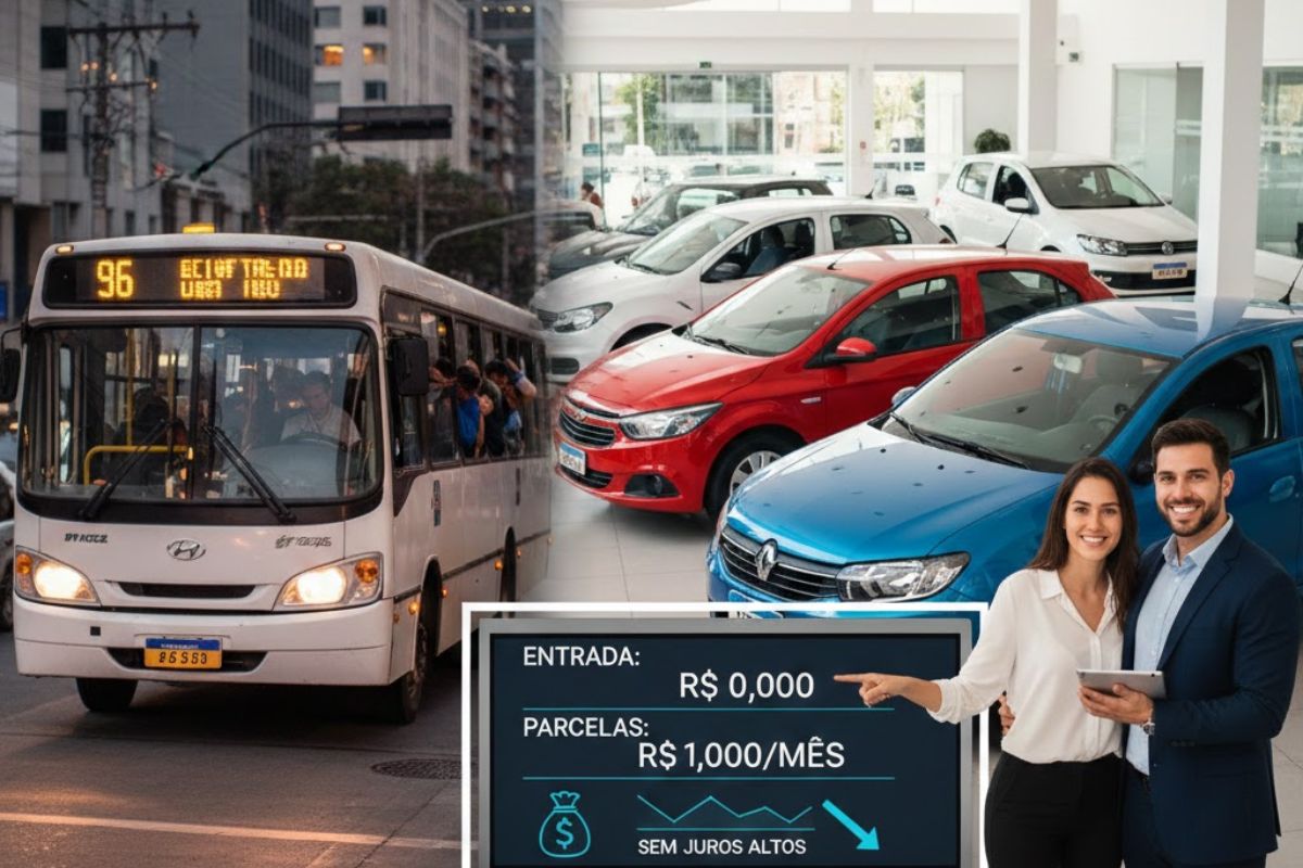 Cansado de transporte público lotado? Veja como trocar o ônibus por HB20, Onix, Palio, Sandero ou Fox com R$ 10 mil de entrada, parcelas de R$ 1.000 e planejamento de carro usado que cabe no bolso.