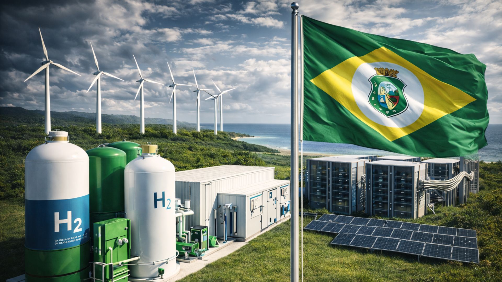 Infraestrutura de hidrogênio verde, data centers e parques eólicos no Ceará, com a bandeira do estado em primeiro plano, simbolizando a transição energética e a economia digital