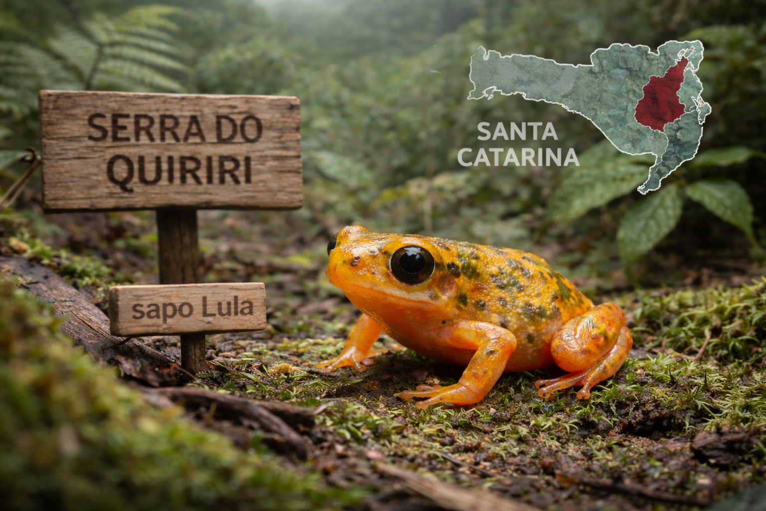 Sapo Brachycephalus lulai na Serra do Quiriri, na Mata Atlântica de Santa Catarina, espécie descoberta por pesquisadores brasileiros
