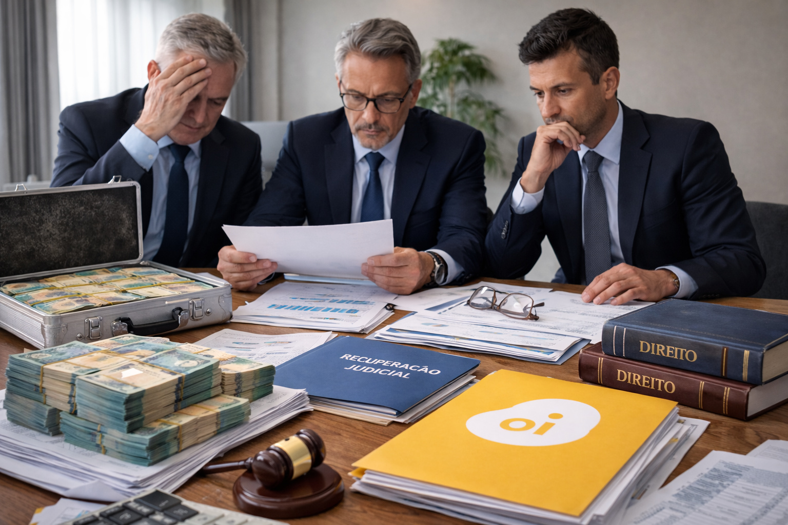 Executivos analisam documentos da Oi durante discussão sobre recuperação judicial, dívidas bilionárias e suspensão da falência no Brasil.