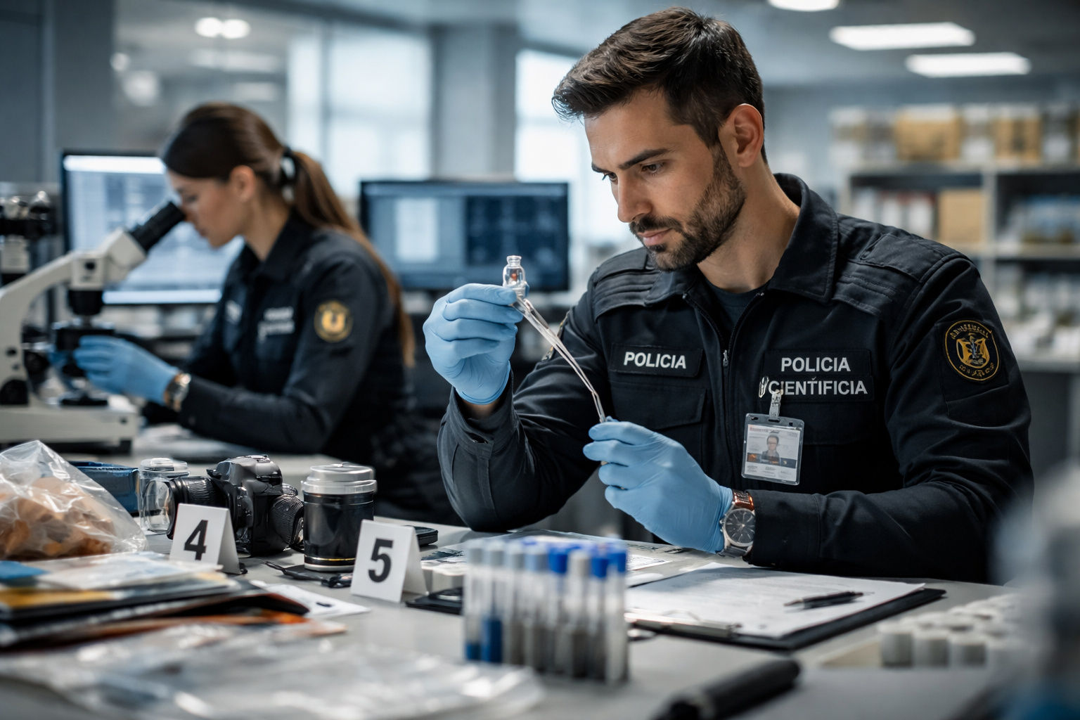 Peritos criminais da Polícia Científica de Santa Catarina analisam evidências em laboratório forense durante atividades técnicas da perícia criminal.