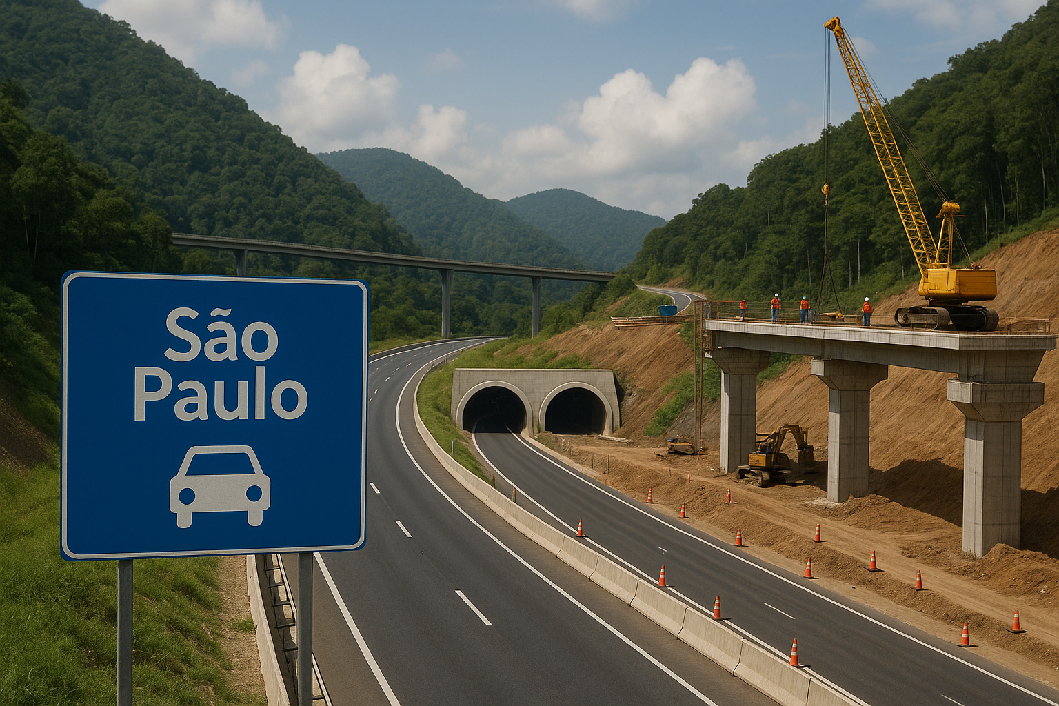 Vista ultra realista de uma rodovia em construção em São Paulo, com túneis, viaduto, trabalhadores e placa indicando “São Paulo”, representando a nova ligação entre a capital e o litoral.