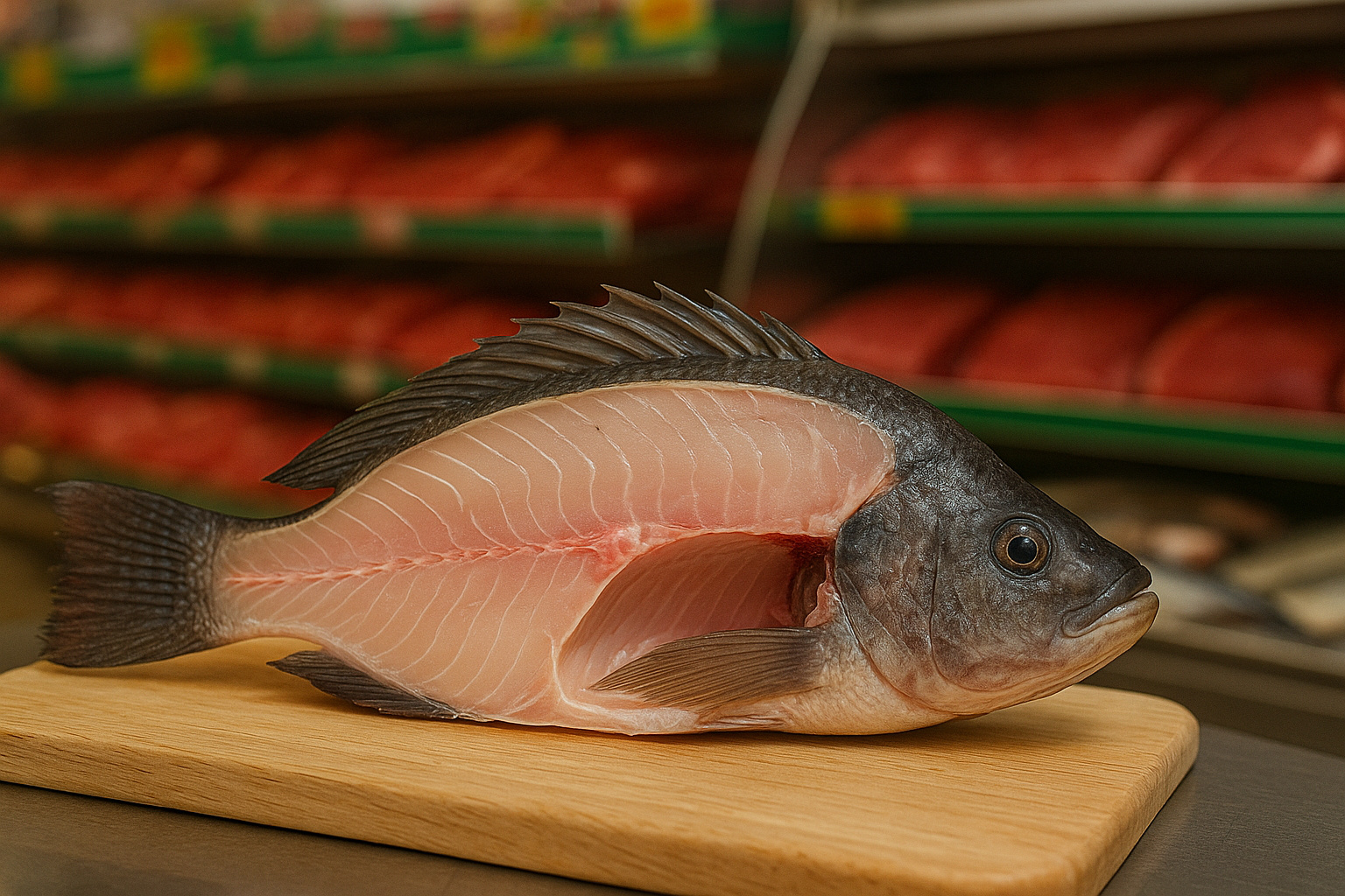 Tilápia partida ao meio exibindo carne clara e fresca em balcão de mercado, representando o aumento do consumo de pescado no Brasil em 2025.