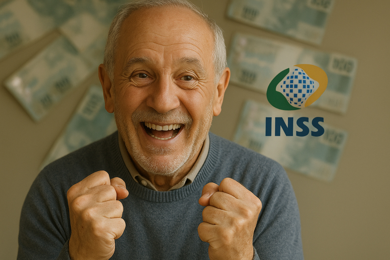 Idoso sorrindo com gestos de comemoração diante de notas de dinheiro e símbolo do INSS, representando o reajuste na aposentadoria de 2026.
