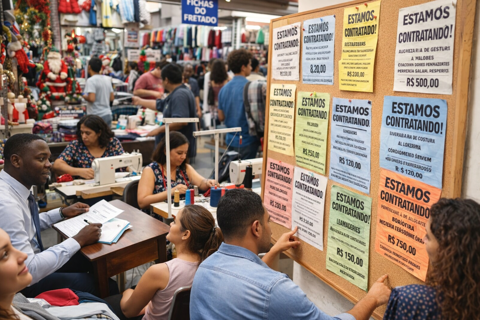Quadro de vagas com anúncios de contratação ao lado de costureiras trabalhando e candidatos buscando oportunidades em comércio movimentado