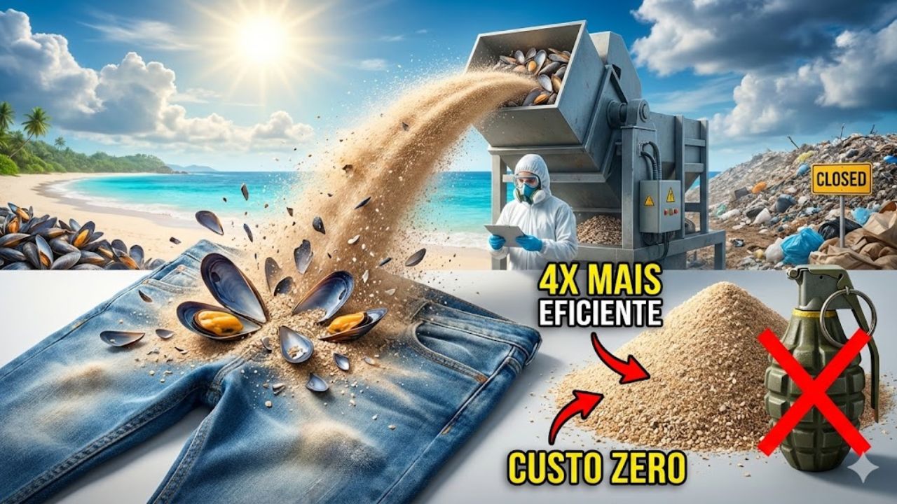 Cientistas transformam conchas de mexilhão em areia para jatear jeans, superam granada em desempenho, reduzem custo e evitam aterros ao criar abrasivo reutilizável