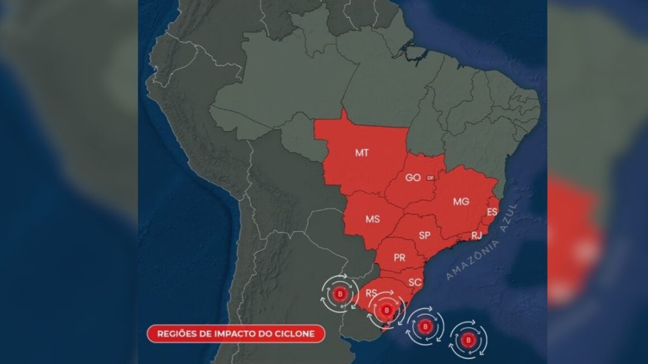 A formação de um ciclone extratropical combinada com a passagem de uma frente fria entre esta segunda-feira (8) e terça-feira (9) coloca o Sul do Brasil em alerta para temporais, ventos fortes e queda de pressão atmosférica