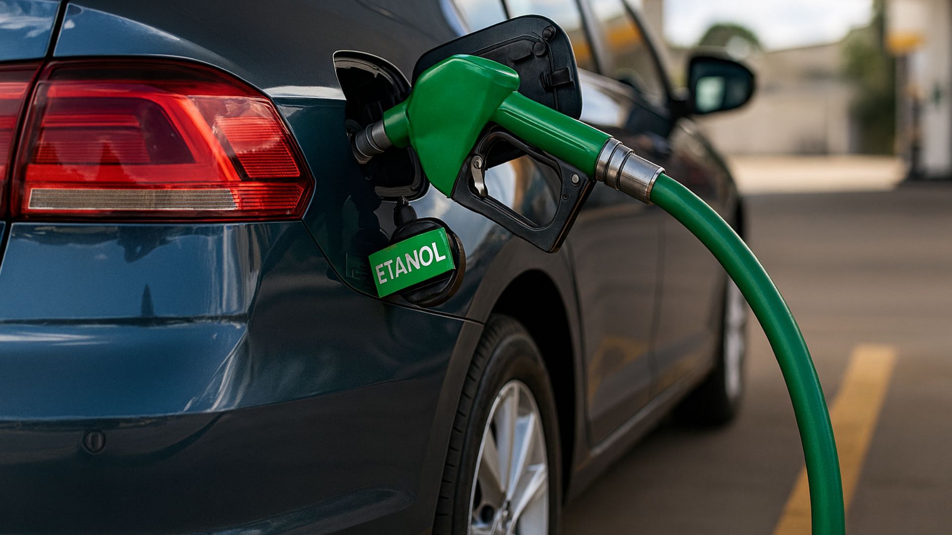Carro moderno sendo abastecido com etanol em um posto de combustível, com bico verde conectado ao tanque.