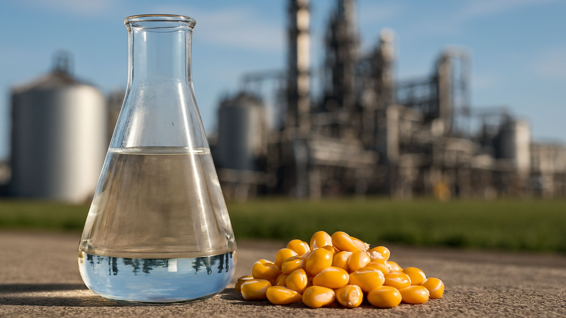 Frasco de etanol e milho em primeiro plano com biorrefinaria desfocada ao fundo, representando produção de etanol de milho.