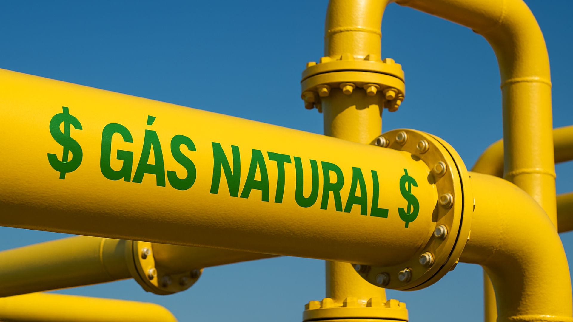 Tubulações metálicas de gás natural com a inscrição "$ GÁS NATURAL $" em verde, destacadas contra um céu azul, simbolizando a infraestrutura energética e o custo da molécula no setor industrial.