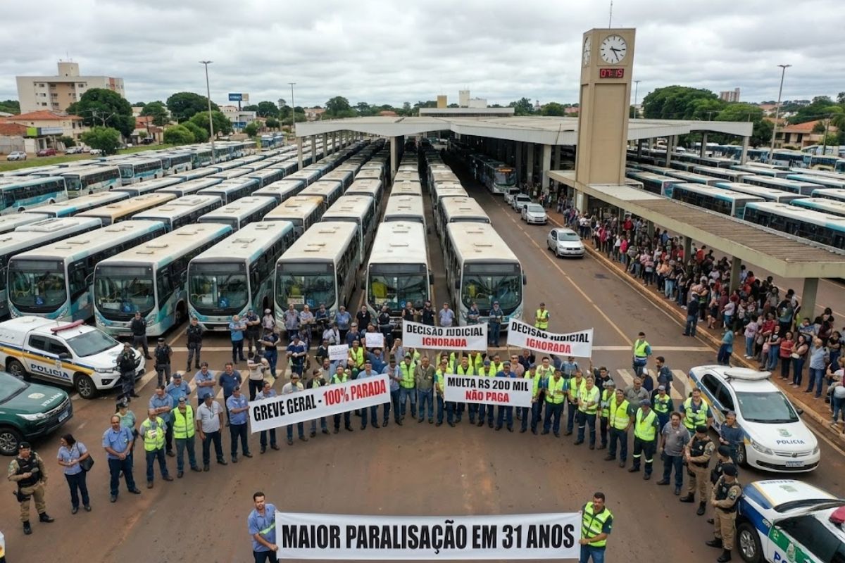 Greve de motoristas mantém ônibus parados em Campo Grande; consórcio admite salários atrasados e cidade enfrenta a maior paralisação em 31 anos.