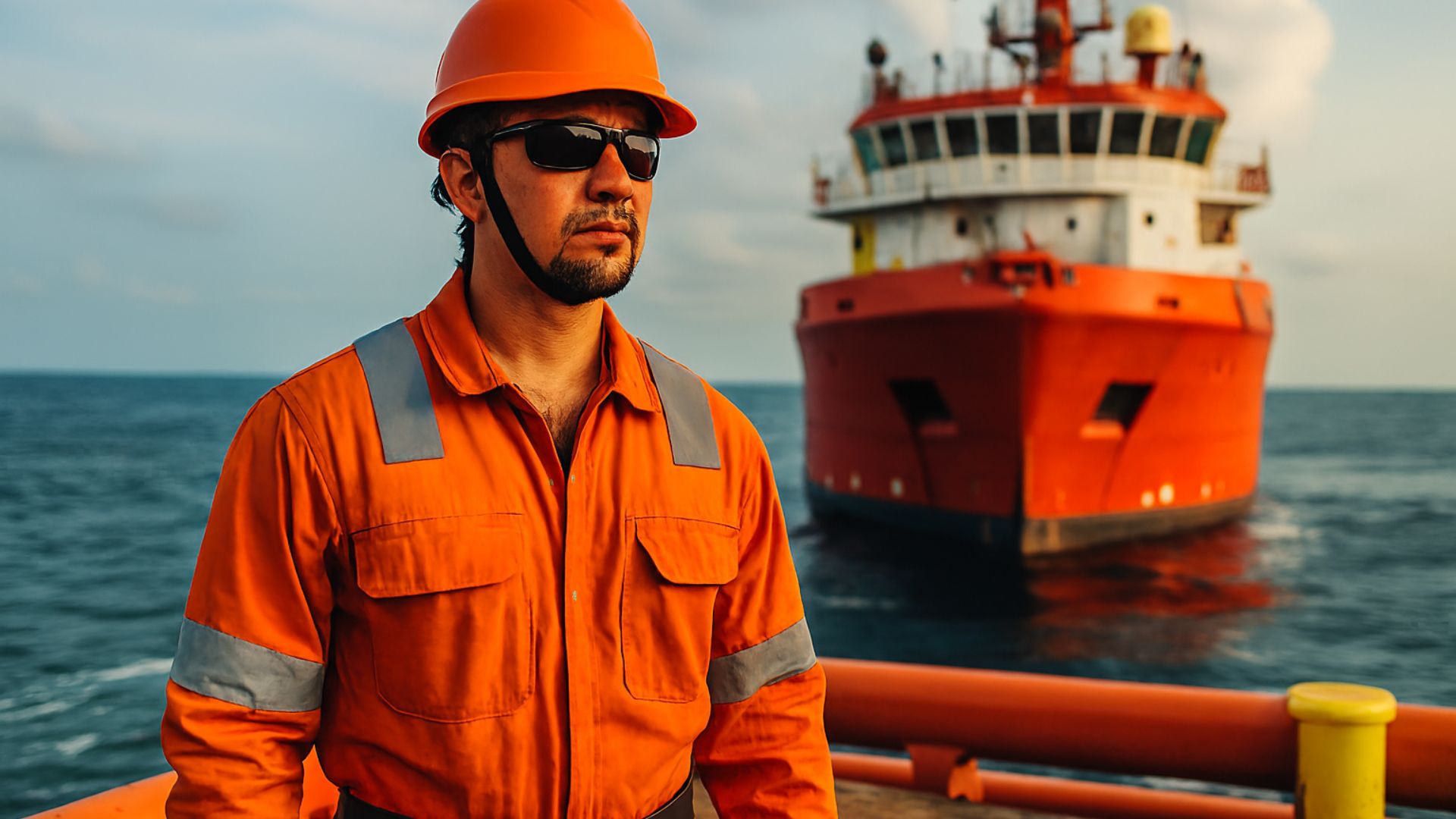 Trabalhador offshore em uniforme laranja com capacete e óculos de proteção, em pé sobre o convés de uma embarcação de apoio marítimo, com o mar e outra embarcação ao fundo