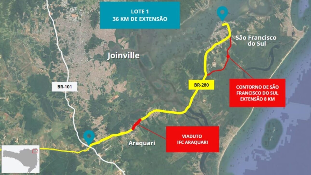 Ponte de 489 metros em Araquari avança com R$ 60 milhões garantidos e licitação prevista para 2026, prometendo aliviar o trânsito da BR-280.
