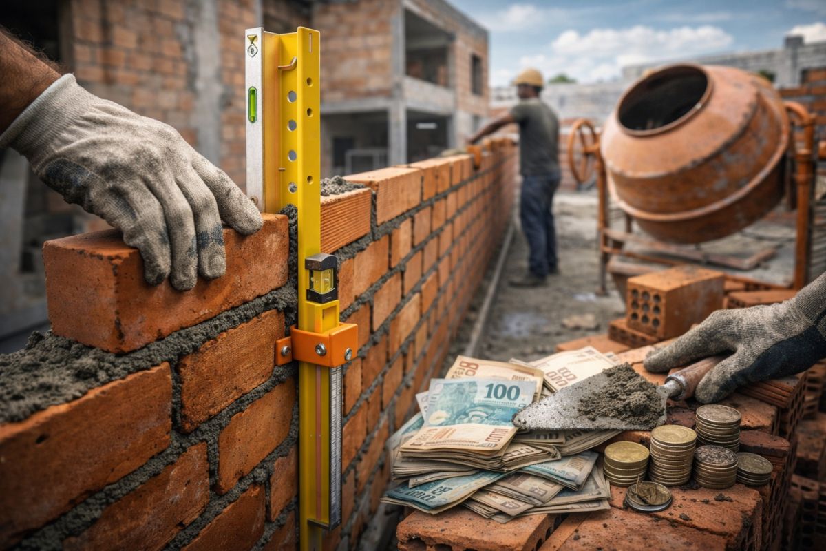 pedreiro cria gabarito de alvenaria que garante parede reta no prumo e ajuda a assentar tijolo rápido, economizando tempo, material e evitando retrabalho.