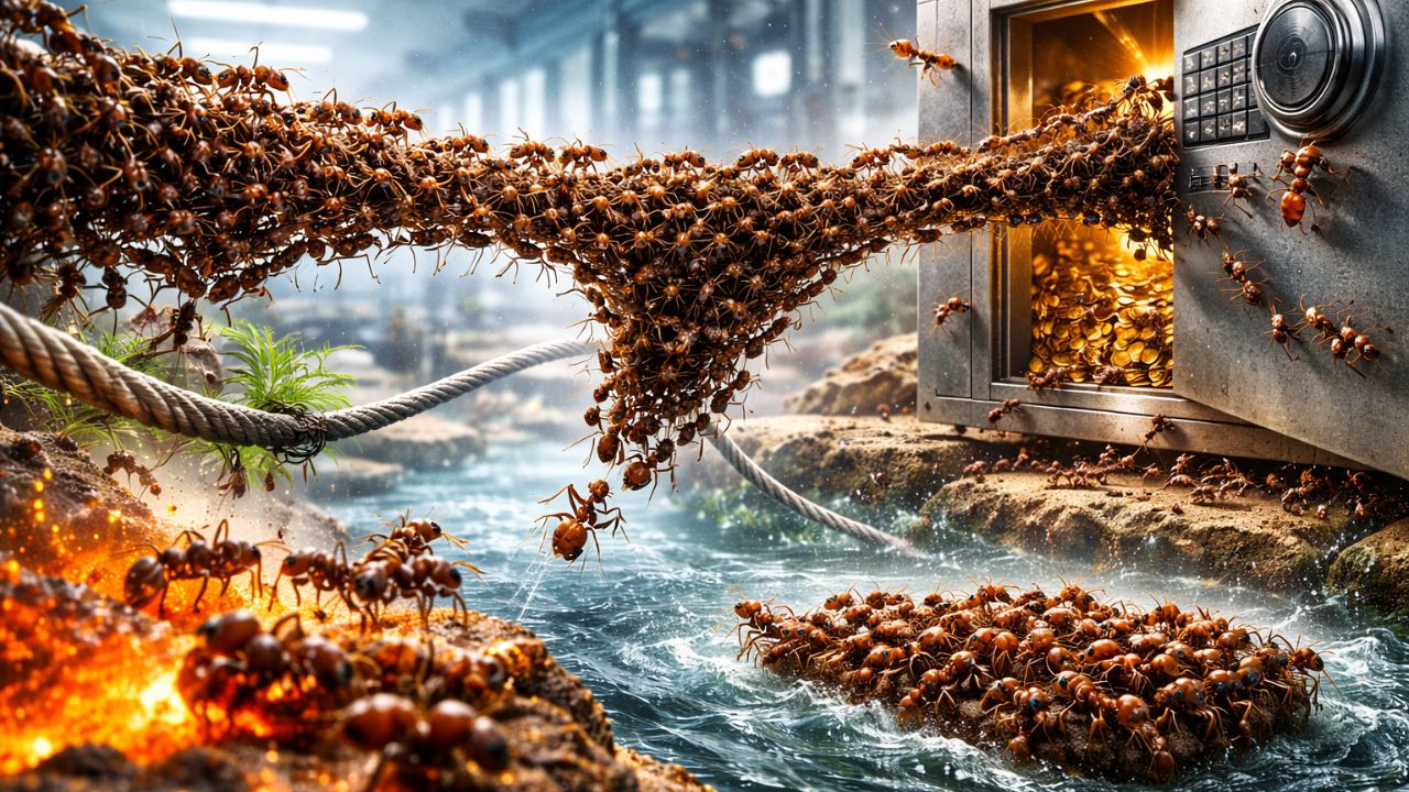 Mil formigas enfrentam desafios extremos, constroem pontes e barcos vivos, cruzam cabos, invadem cofres e vencem lava grudenta para conseguir comida, provando (1)