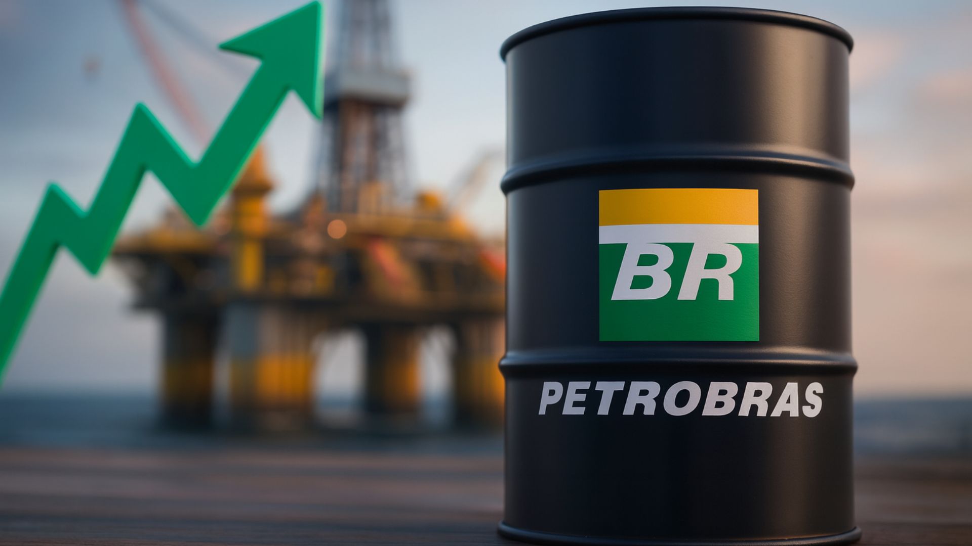 Plataforma de petróleo desfocada ao fundo com barril da Petrobras e seta verde apontando para cima