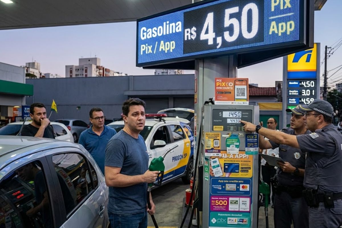 Veja como postos de gasolina usam preço da gasolina com desconto no Pix para confundir motorista, enquanto Procon SP investiga abusos na gasolina.