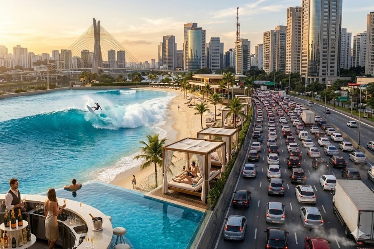 Praia de surfe artificial do São Paulo Surf Club muda a Marginal Pinheiros com ondas programadas e título a R$ 1,25 milhão em clube exclusivo da elite.