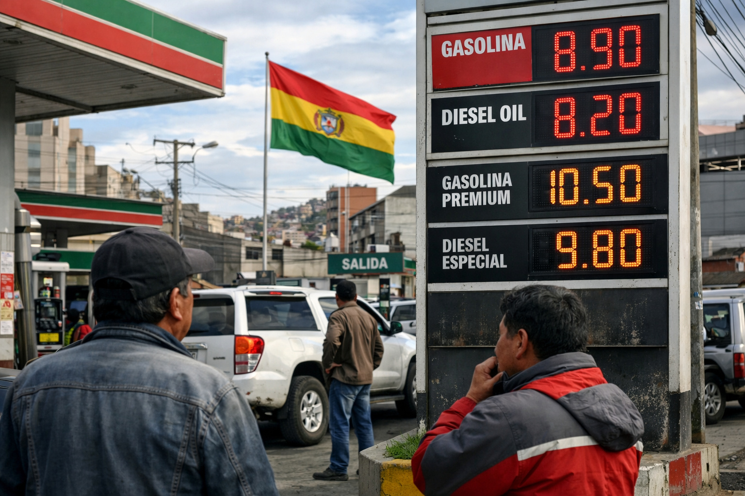 Posto de combustíveis na Bolívia com aumento nos preços após decreto de emergência econômica