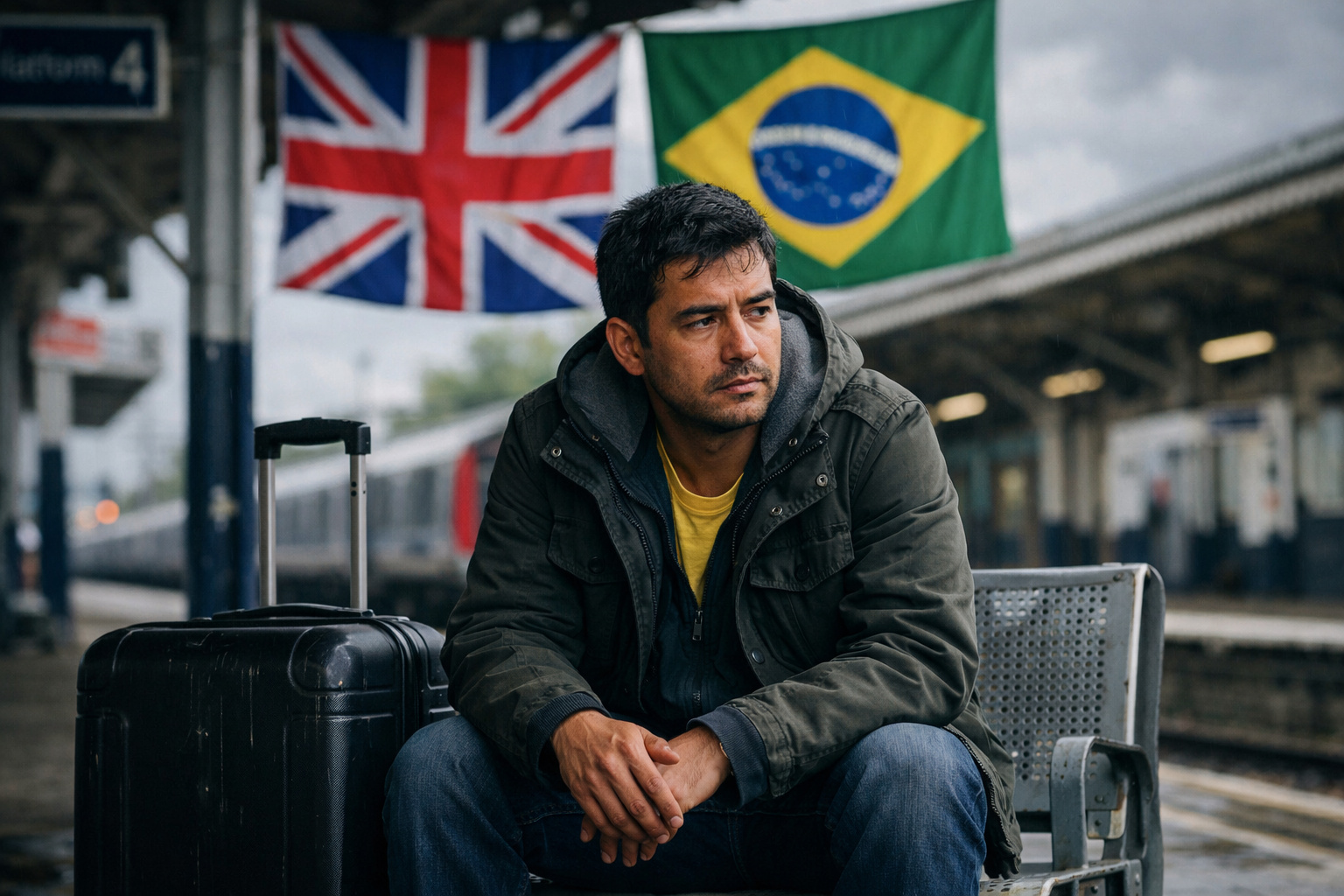 Brasileiro com mala em estação no Reino Unido simboliza retorno voluntário ao Brasil após dificuldades migratórias