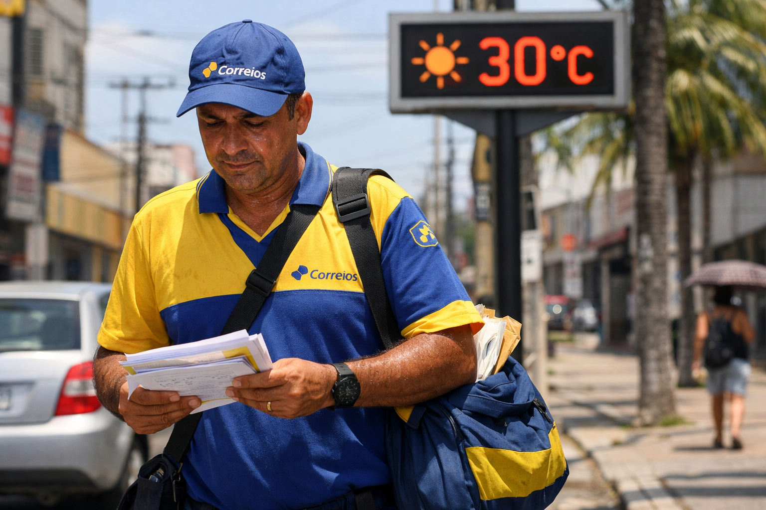 Carteiro dos Correios trabalhando sob calor intenso após decisão da Justiça que obriga jornada matutina acima de 30°C