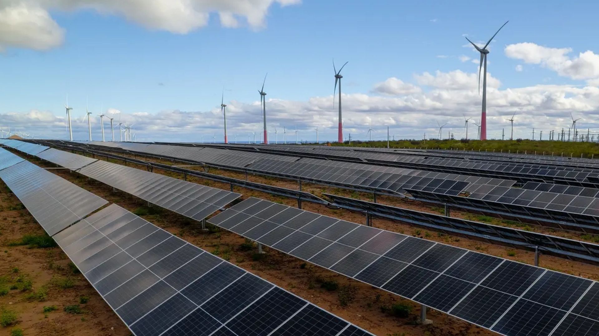 Parque híbrido de energia com painéis solares e turbinas eólicas operando juntos sob céu azul no Nordeste do Brasil.