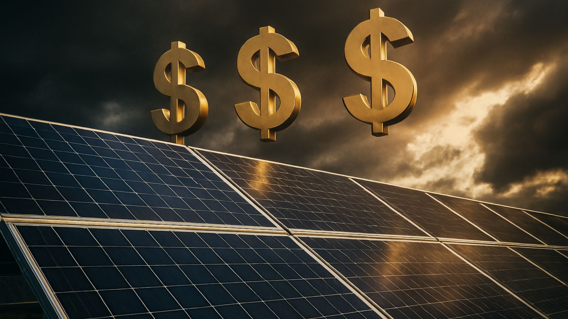 Painéis solares sob céu dramático com três cifrões dourados flutuando acima, simbolizando economia e retorno financeiro.