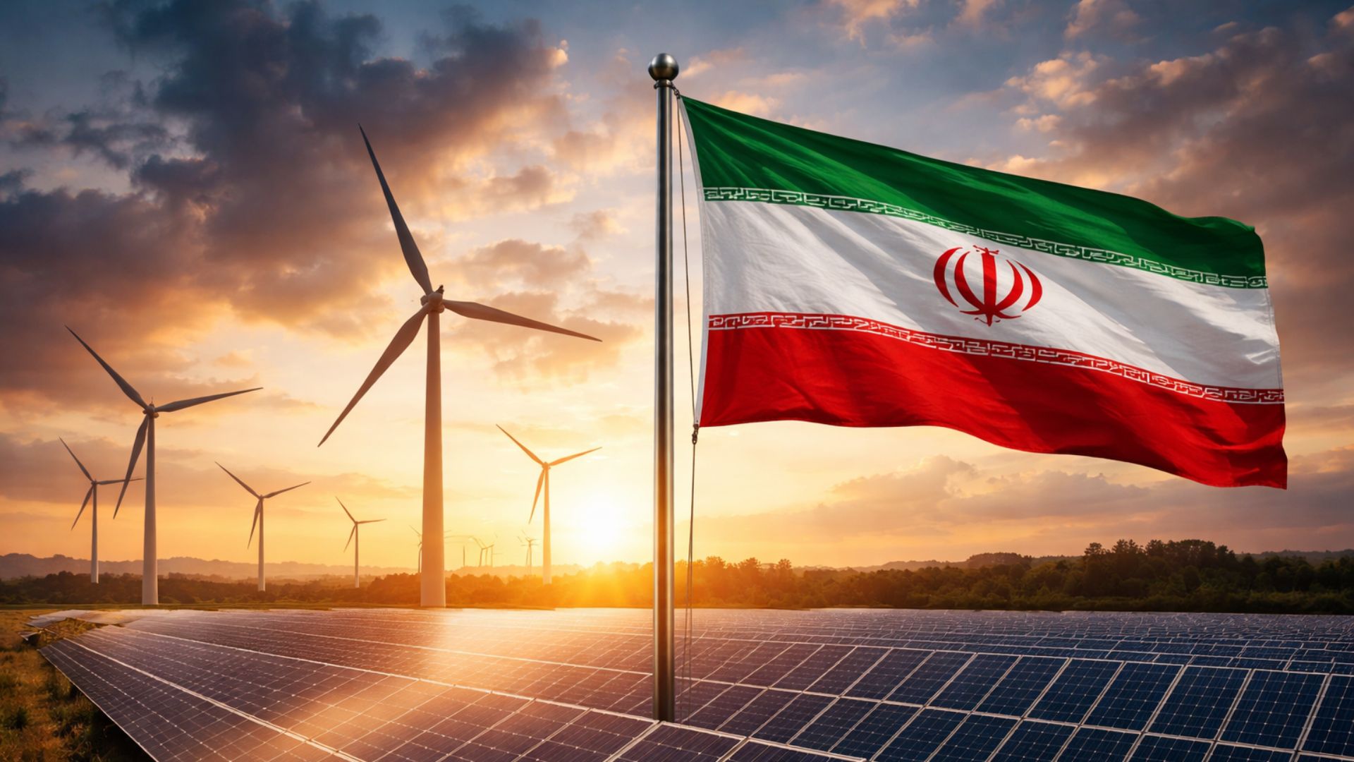 Painéis solares e turbinas eólicas em operação ao pôr do sol, com a bandeira do Irã em destaque, simbolizando a expansão da energia renovável e da transição energética no país.