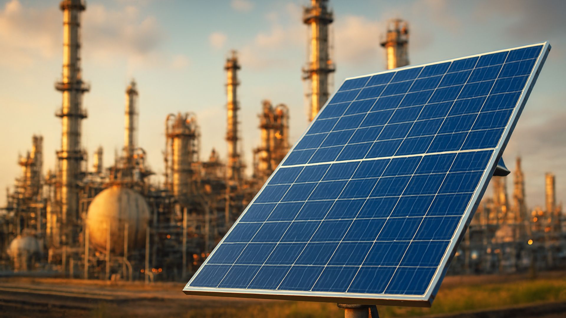 Painel solar instalado próximo a uma refinaria com estruturas industriais ao fundo, simbolizando geração de energia renovável e transição energética.