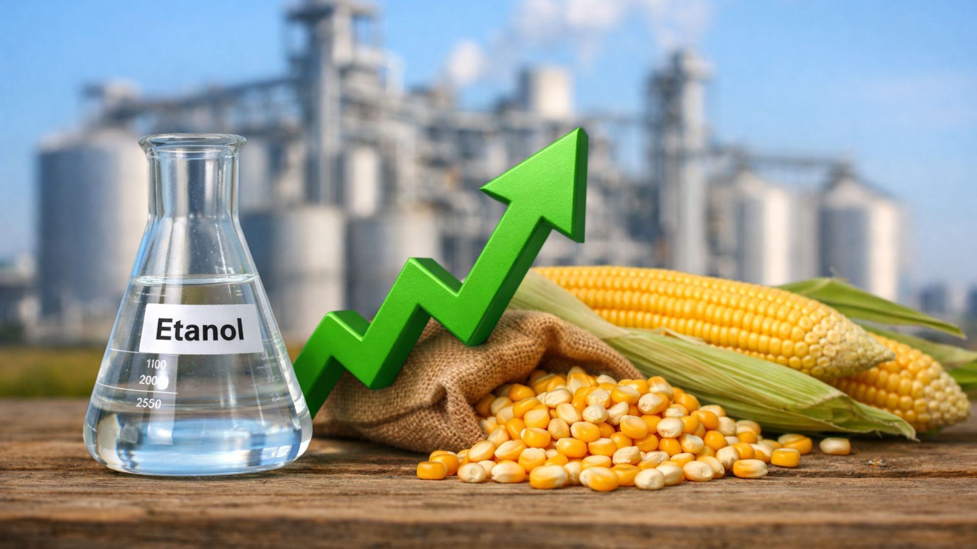 Frasco com etanol ao lado de milho e grãos, com seta verde ascendente e usina de etanol desfocada ao fundo, simbolizando crescimento na produção de biocombustíveis