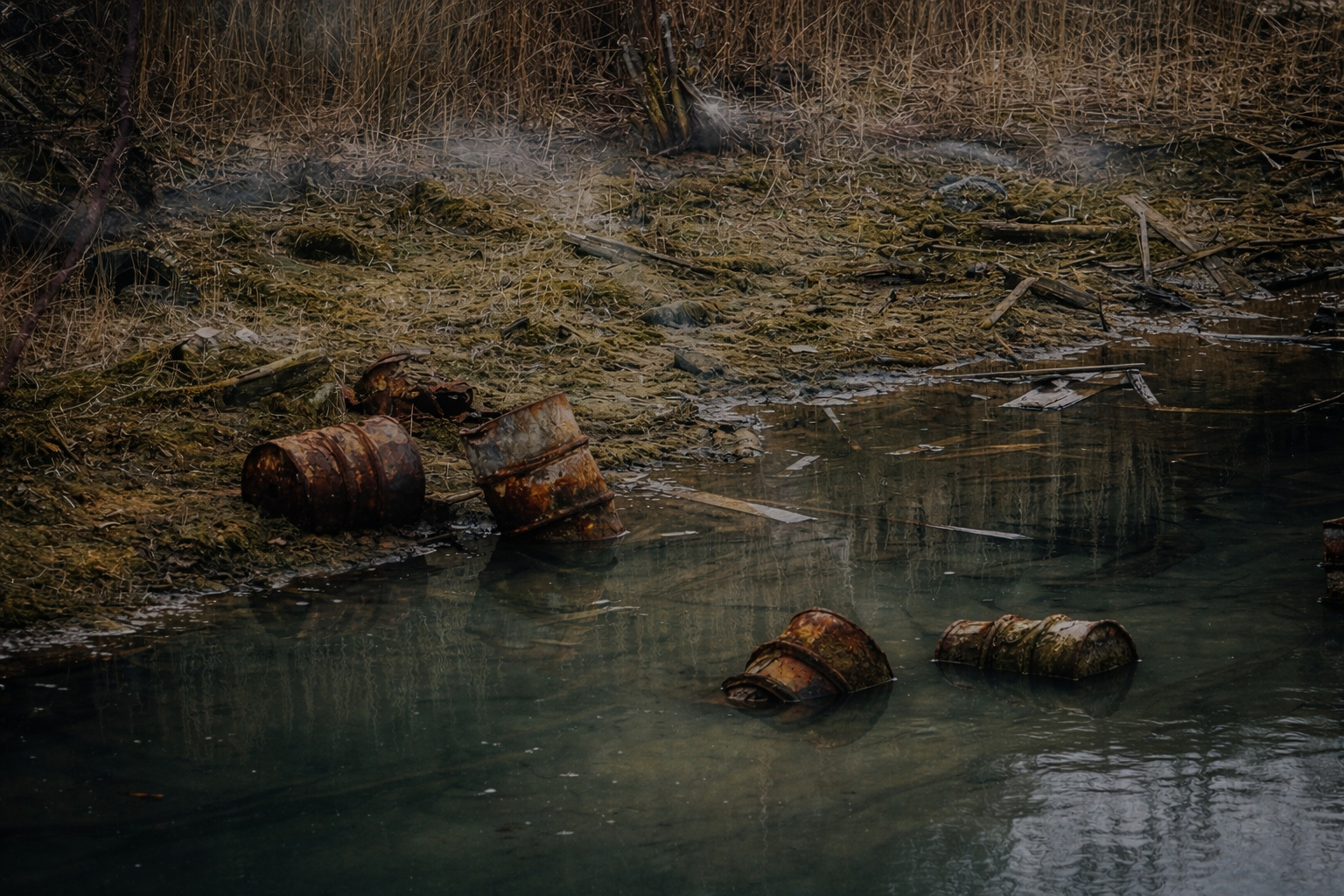 Lagoa contaminada com água escura e barris enferrujados parcialmente submersos, evidenciando poluição hídrica causada por resíduos e escoamento agrícola.