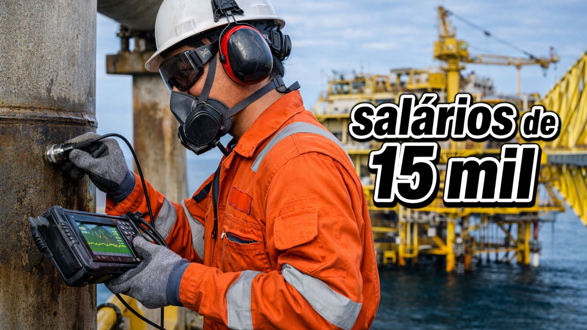 Inspetor de END trabalhando em plataforma offshore realizando inspeção por ultrassom em estrutura metálica, com plataforma de petróleo ao fundo e destaque para altos salários