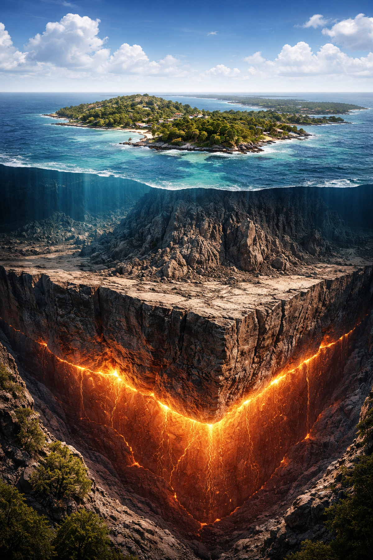 Estrutura geológica sob o Triângulo das Bermudas mostrando camada de rocha que sustenta o arquipélago no Oceano Atlântico