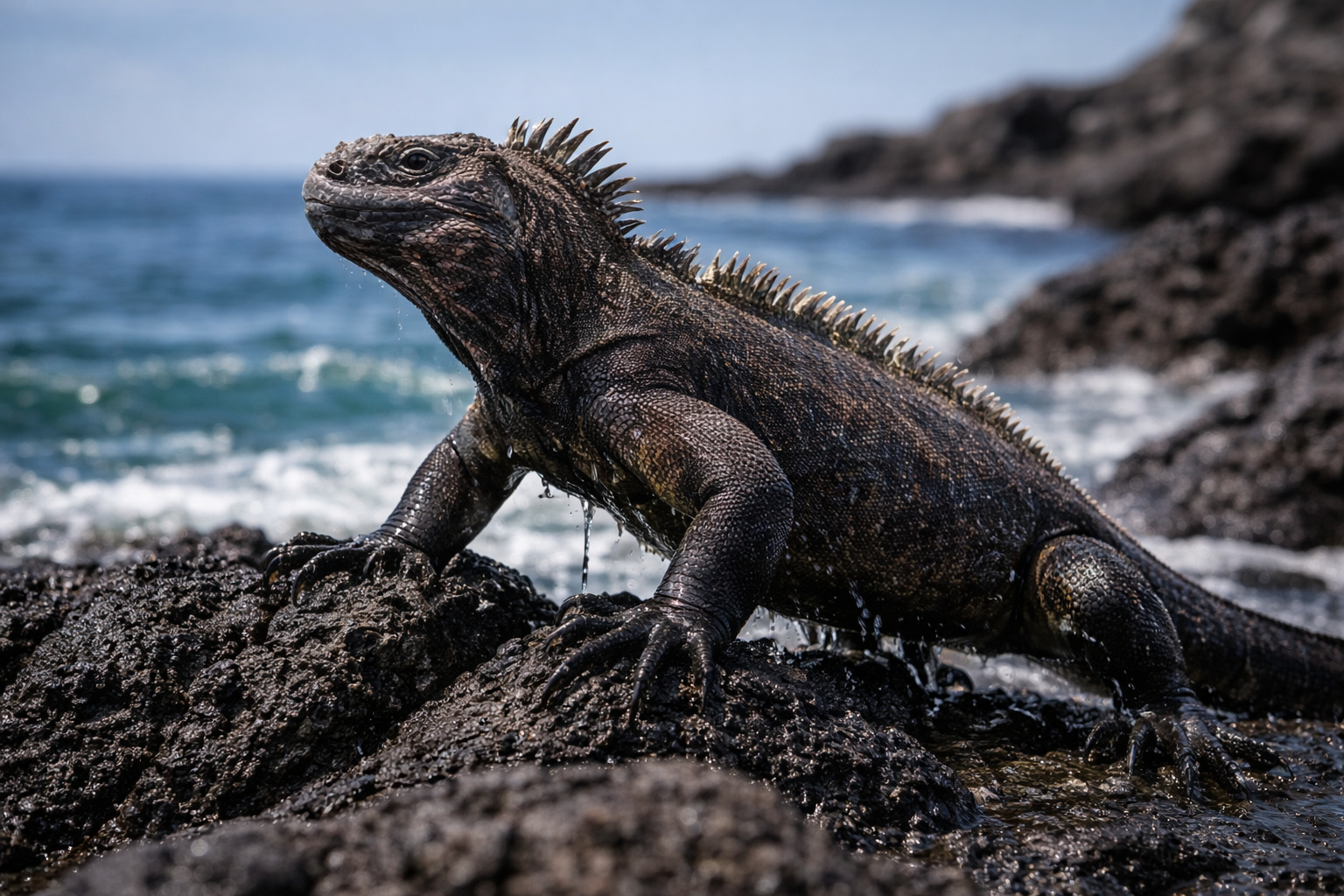 Mergulha por até 30 minutos, caça crustáceos no fundo do mar e regula a própria temperatura em rochas vulcânicas: a iguana-marinha Amblyrhynchus cristatus é o único lagarto marinho do mundo