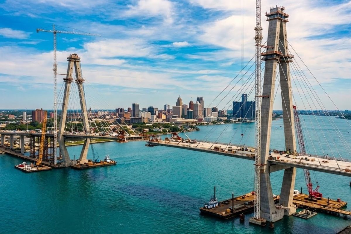Ponte entre Detroit e Windsor sobre o rio Detroit exigiu concreto de alto desempenho e cabos em leque para erguer torres gigantes e unir Estados Unidos e Canadá, em obra binacional marcada por precisão extrema e risco elevado.