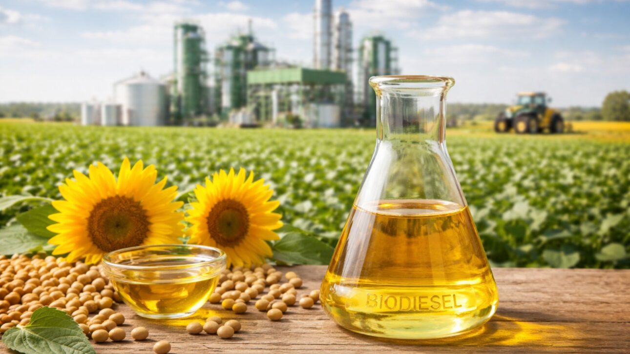Frasco de biodiesel em primeiro plano com grãos de soja e girassóis, tendo ao fundo uma usina de biocombustíveis integrada a área agrícola, simbolizando produção sustentável de energia renovável.