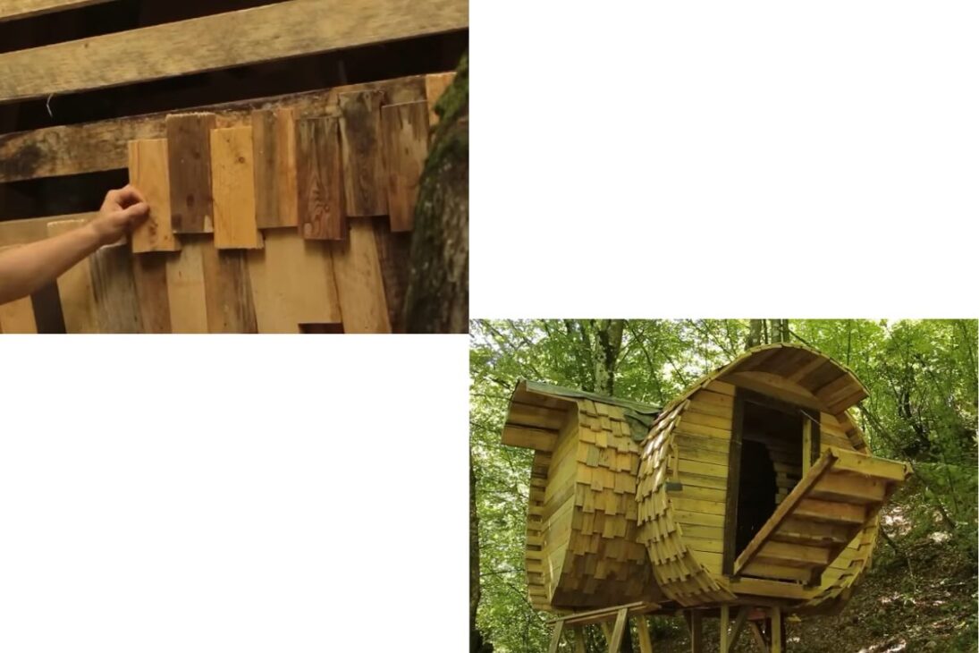 Toca hobbit em esfera de madeira feita com paletes de madeira, telhado de musgo e casa na árvore que se integra à floresta.
