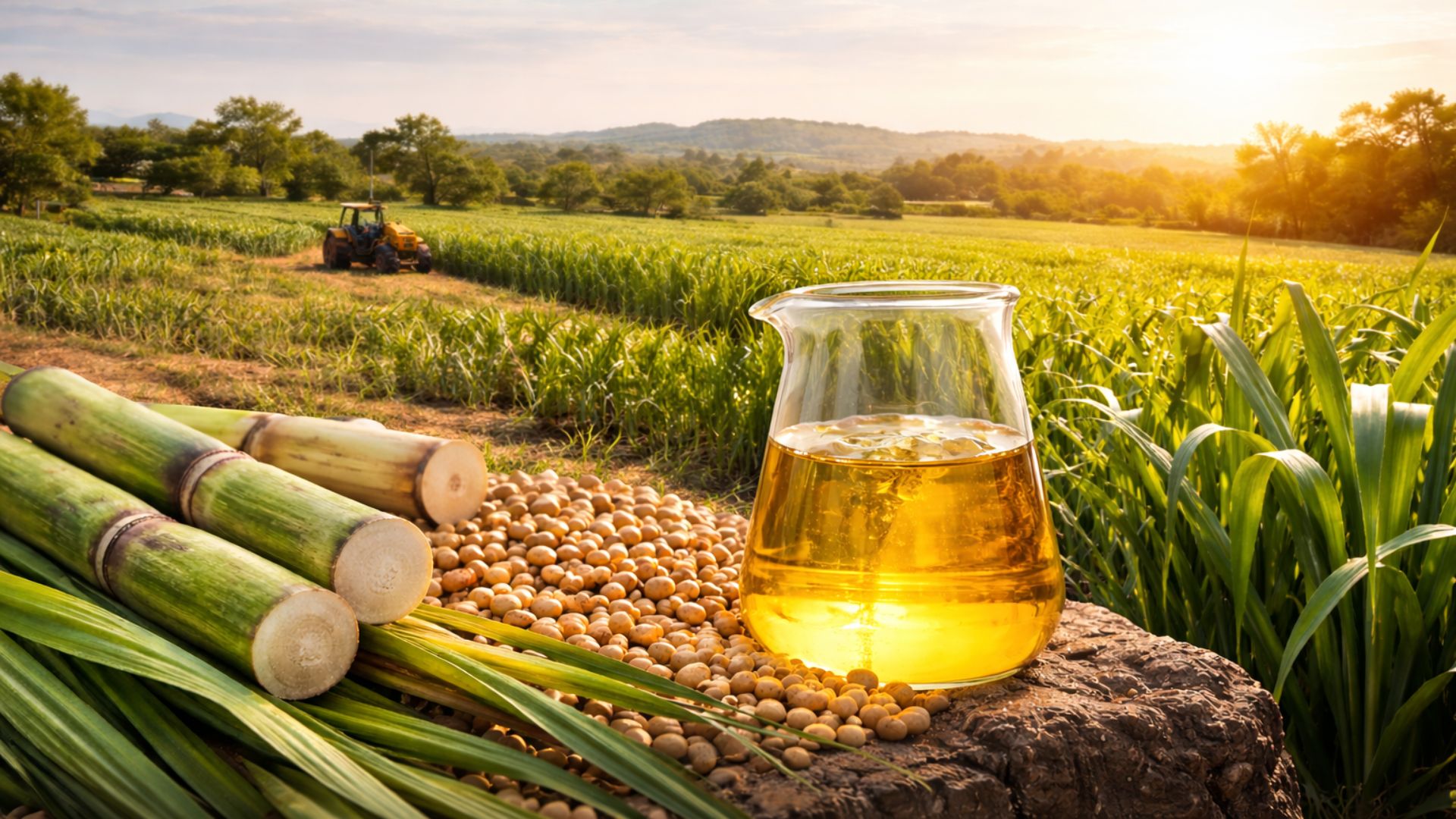 Frasco com biocombustível ao lado de cana-de-açúcar e grãos de soja em plantação agrícola, representando a sustentabilidade do etanol e do biodiesel no Brasil.