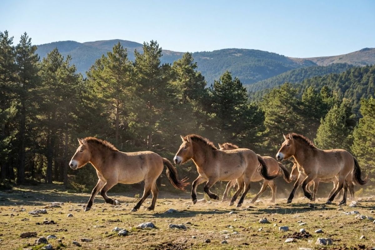 Cavalos selvagens retornam à Espanha no Planalto Ibérico, no Parque Natural do Alto Tajo, com cavalos de Przewalski restaurando ecossistemas e biodiversidade