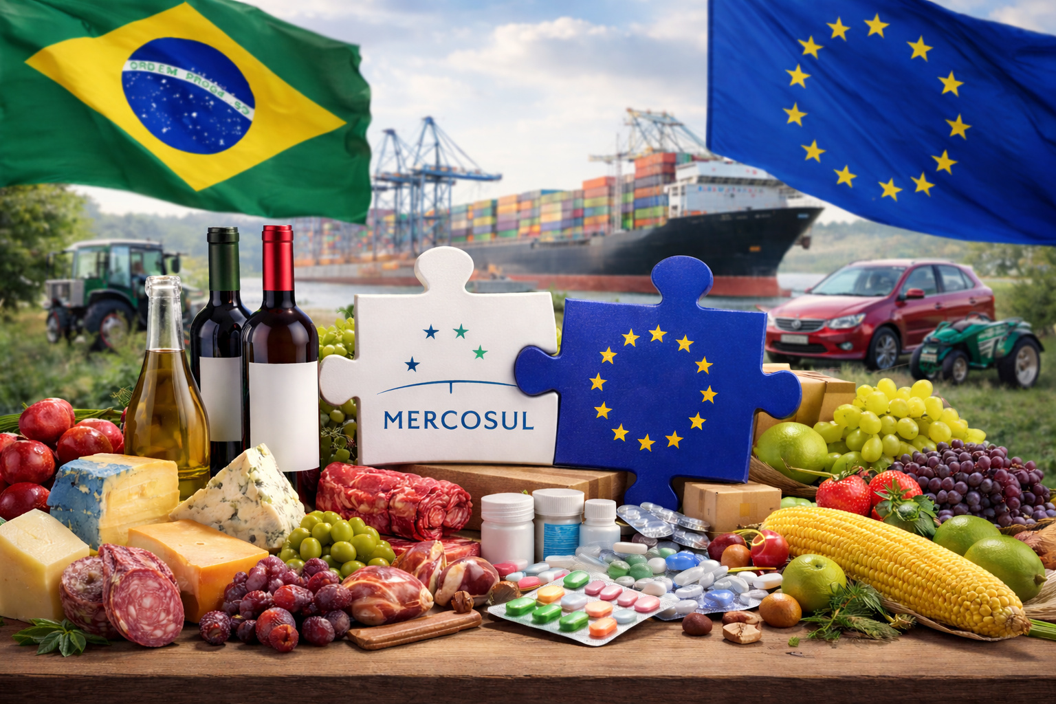 Acordo UE-Mercosul representado por produtos agrícolas, alimentos, medicamentos e transporte entre Brasil e União Europeia
